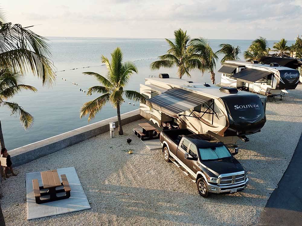 Trailers and motorhomes parked by the beach at JOLLY ROGER RV RESORT