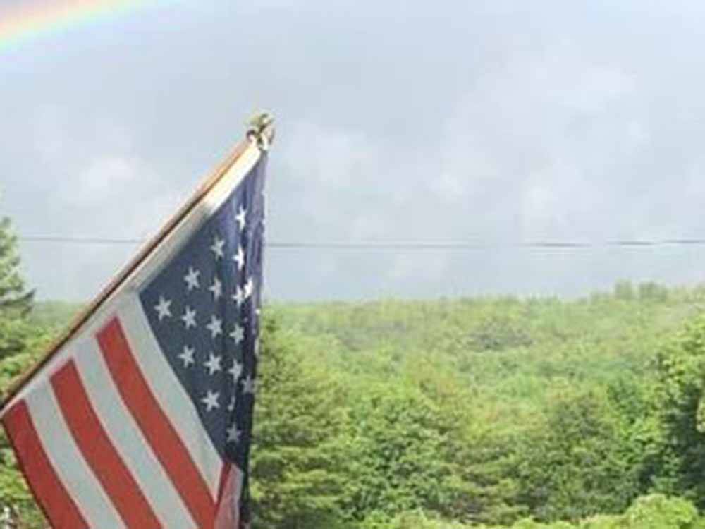 An American flag with a forest in the background at COUNTRY ROADS CAMPGROUND
