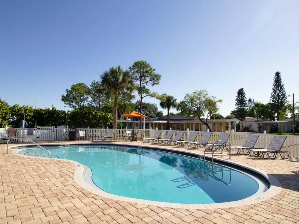 Kidney-shaped swimming pool and chaise lounges at RIVER VISTA RV VILLAGE