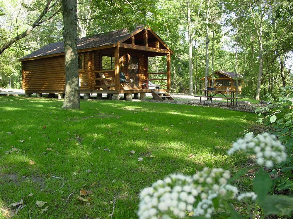 Peaceful log cabin with lush grassy area surrounding at BLACKHAWK CAMPING RESORT