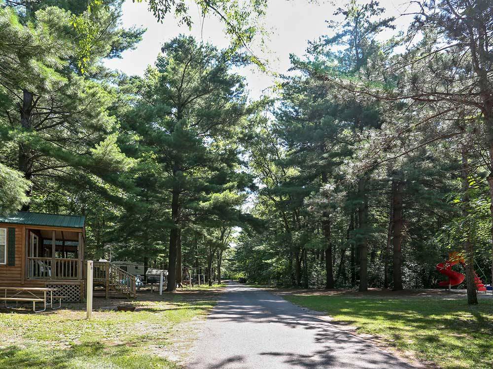 Paved tree lined road with a playground on one side and a cabin on the other at TWIN MILLS CAMPING RESORT