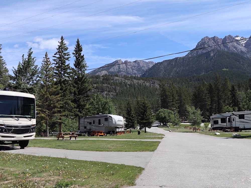 A row of paved RV sites at FAIRMONT HOT SPRINGS RESORT