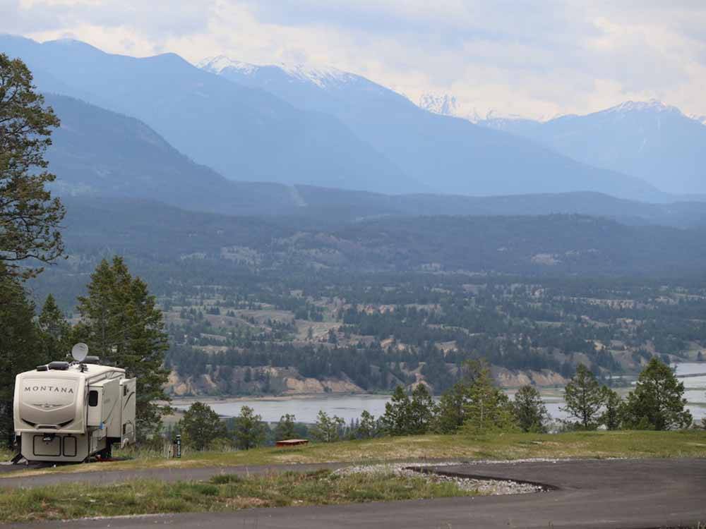 An aerial view of RV sites overlooking the water at FAIRMONT HOT SPRINGS RESORT