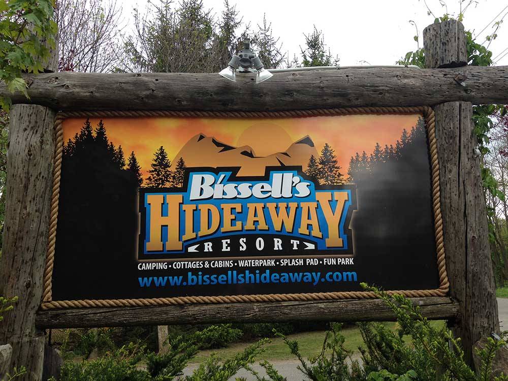 Entrance sign to resort at BISSELL'S HIDEAWAY RESORT