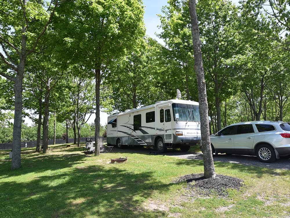 A motorhome in a site under trees at BISSELL'S HIDEAWAY RESORT