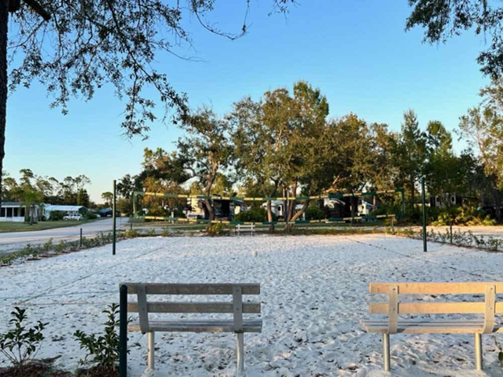 The sandy volleyball court at JOHNSTON SPRINGS RV CAMPGROUND & STORAGE