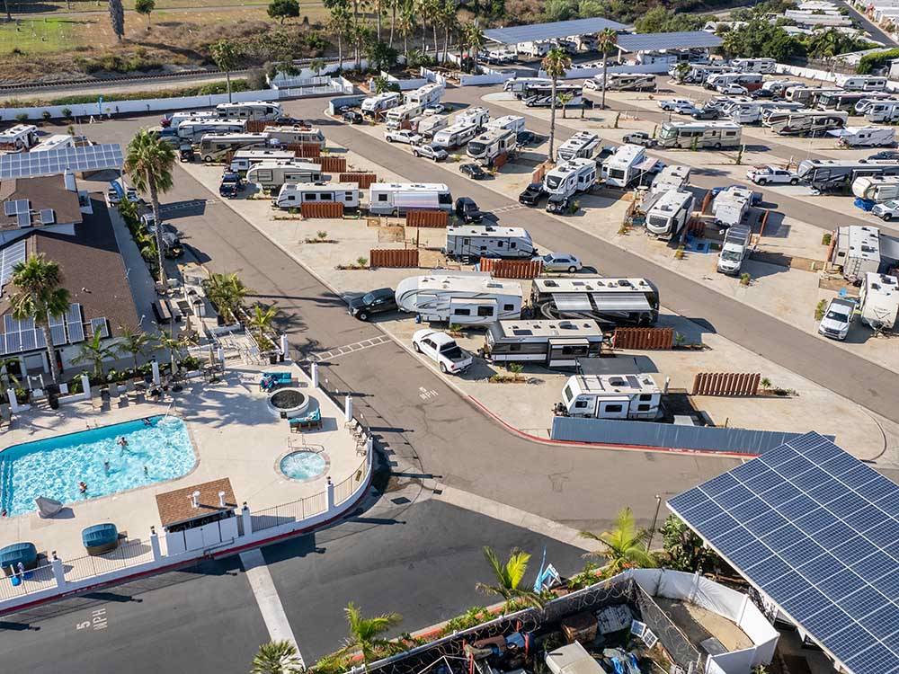 An aerial view of RVs parked on-site at OCEANSIDE RV RESORT