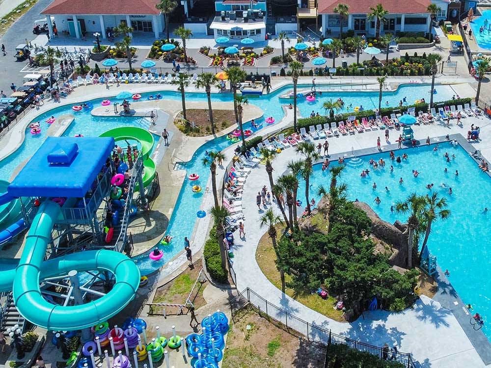 An aerial view of the water slides and pool at LAKEWOOD CAMPING RESORT
