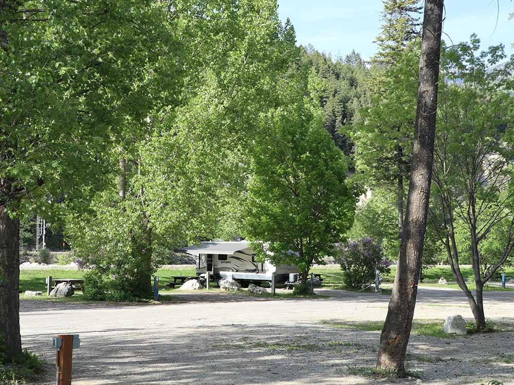 A travel trailer in an RV site at GOLDEN MUNICIPAL CAMPGROUND