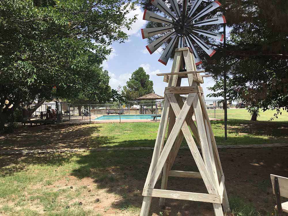 A little windmill near the pool at FORT STOCKTON RV PARK