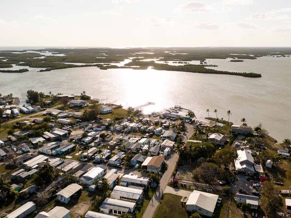 Aerial view of the RV sites and dock at CHOKOLOSKEE ISLAND RESORT