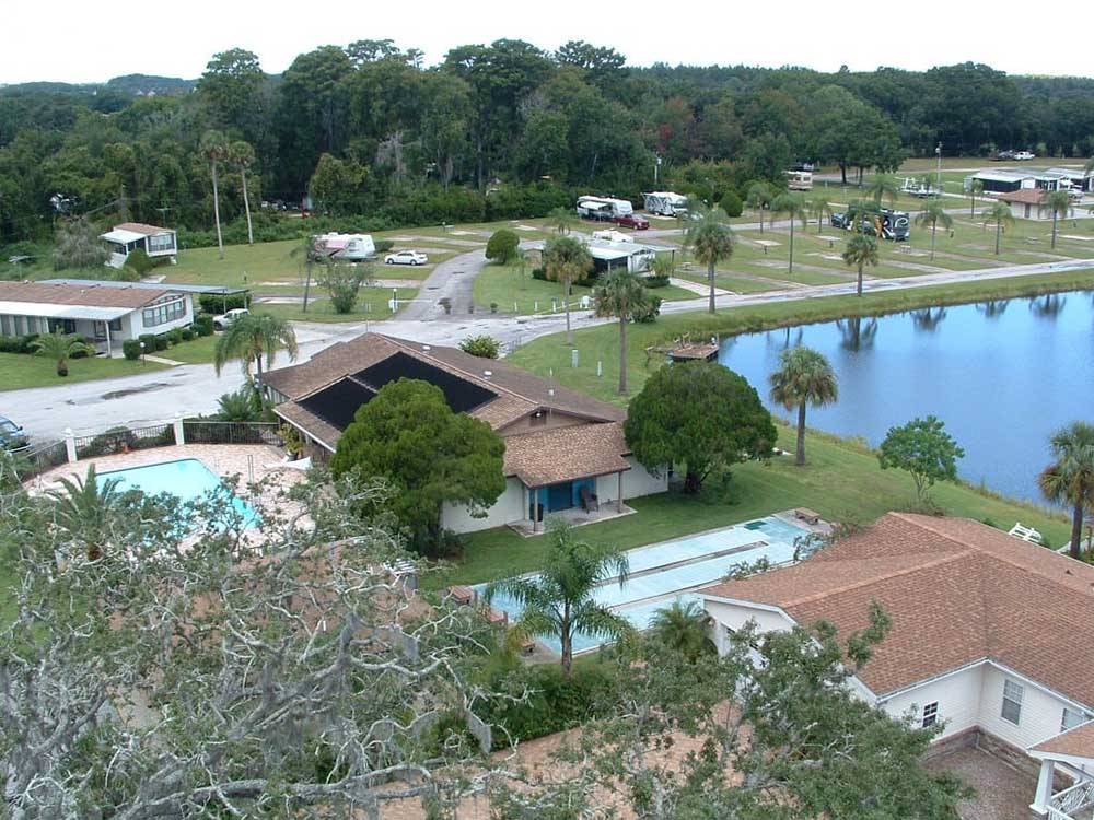 An aerial view of the clubhouse and pool at SEVEN SPRINGS TRAVEL PARK
