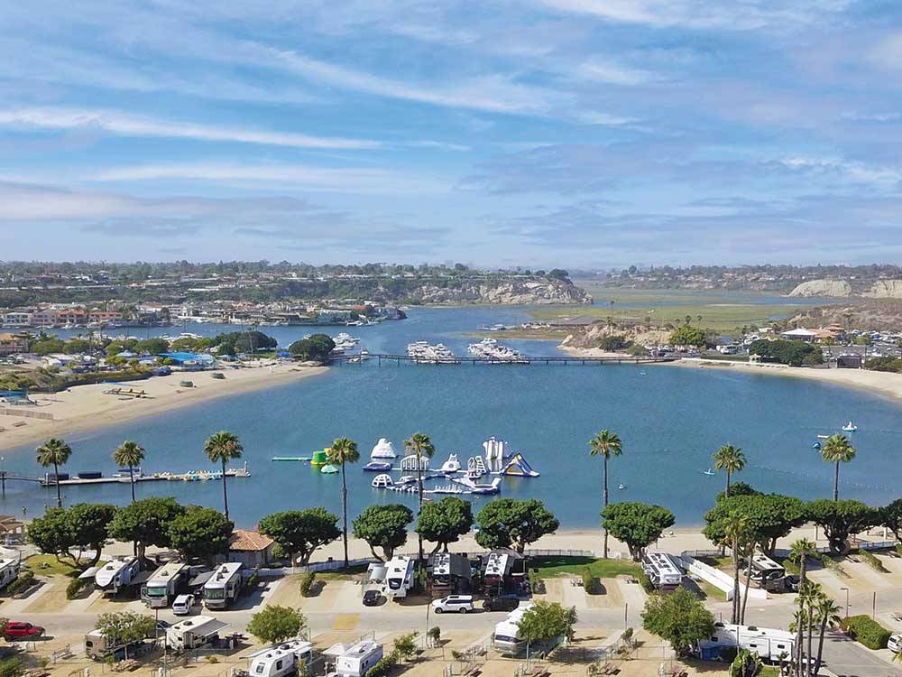 An aerial view of the campsites and water at NEWPORT DUNES WATERFRONT RESORT & MARINA