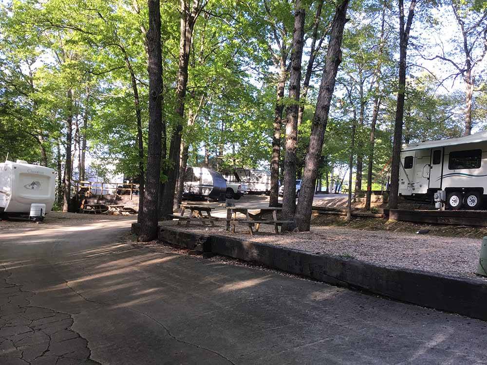A couple of picnic benches under trees at BLUE MOUNTAIN CAMPGROUND