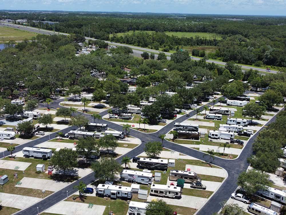 Aerial view of the road between the RV sites at QUAIL RUN RV RESORT
