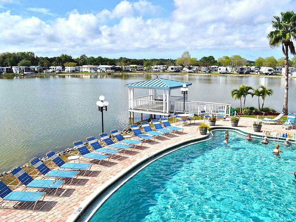 Aerial view over water and swimming pool at ENCORE WINTER QUARTERS MANATEE 