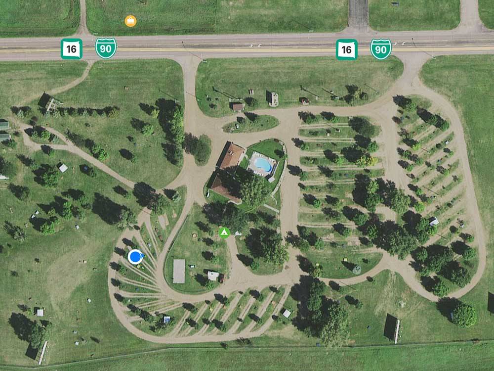 Aerial view showing park layout at OASIS CAMPGROUND