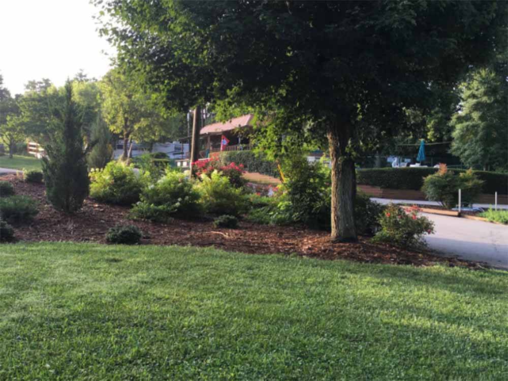 View of the office and lush landscaping at ASHEVILLE BEAR CREEK RV PARK