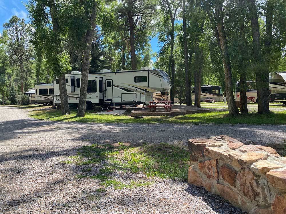 RVs parked in shady sites at RIO CHAMA RV PARK