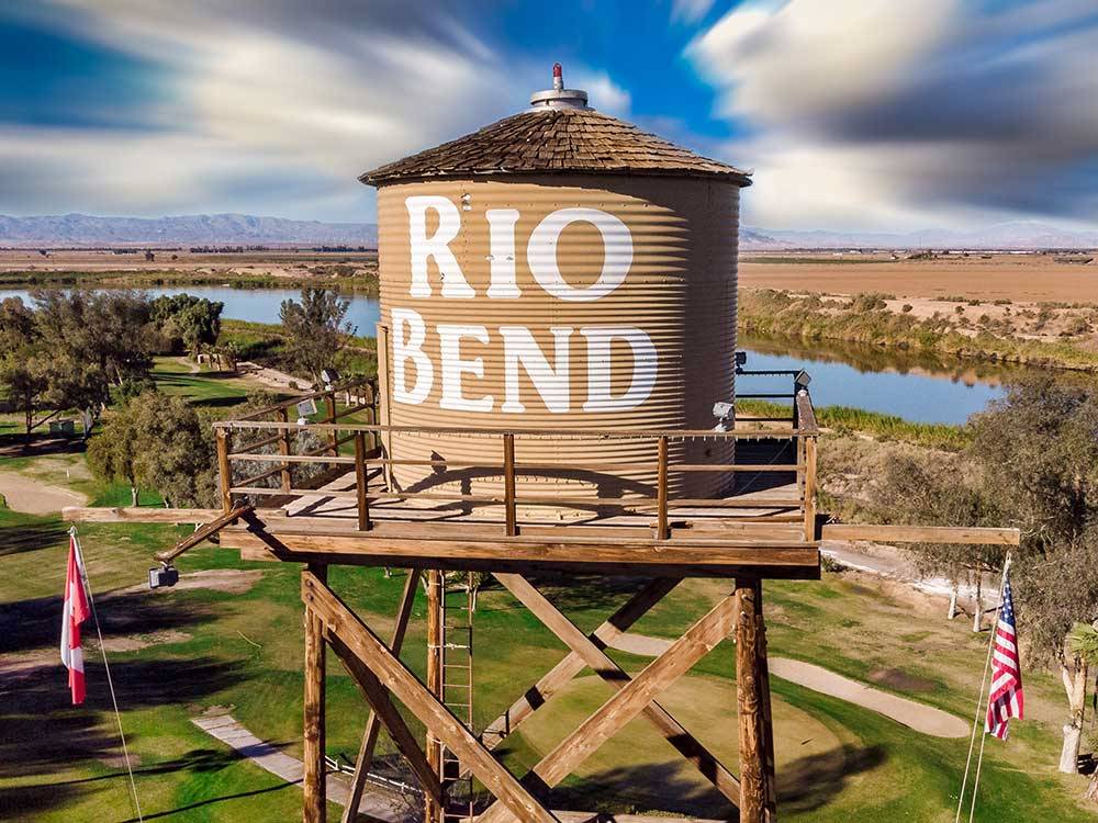 Brown Rio Bend water tank at RIO BEND RV & GOLF RESORT