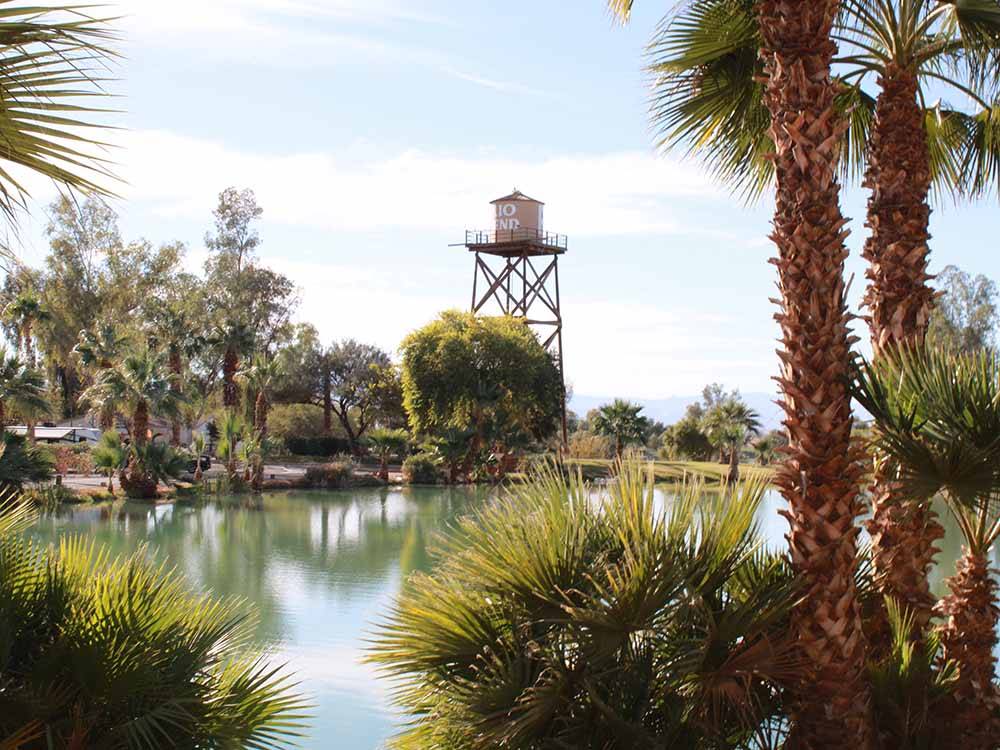 The water tower next to the lake at RIO BEND RV & GOLF RESORT