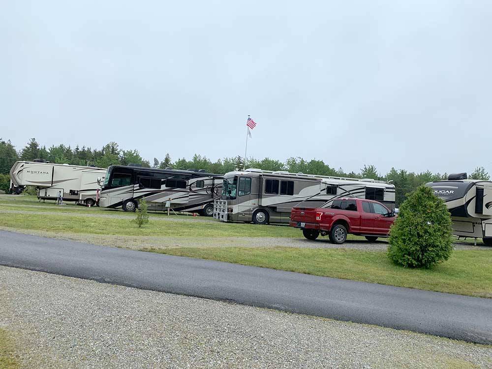 Paved road and a row of big rigs at TIMBERLAND ACRES RV PARK