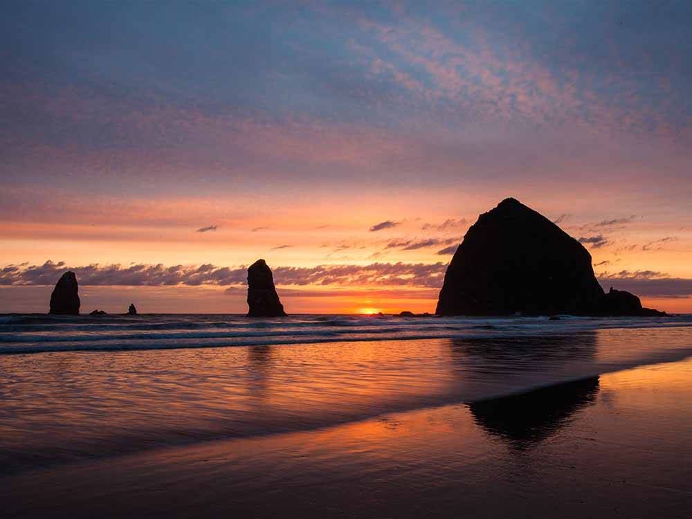 The rocks at Cannon Beach at sunset at CANNON BEACH RV RESORT