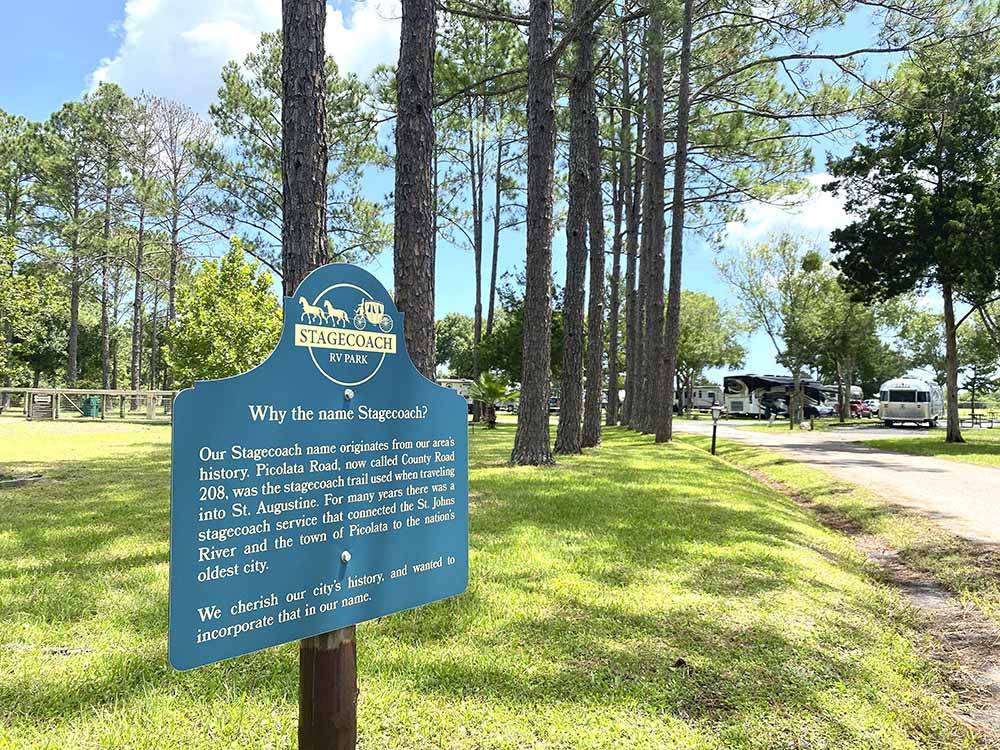 A sign explaining the history of the campground at STAGECOACH RV PARK