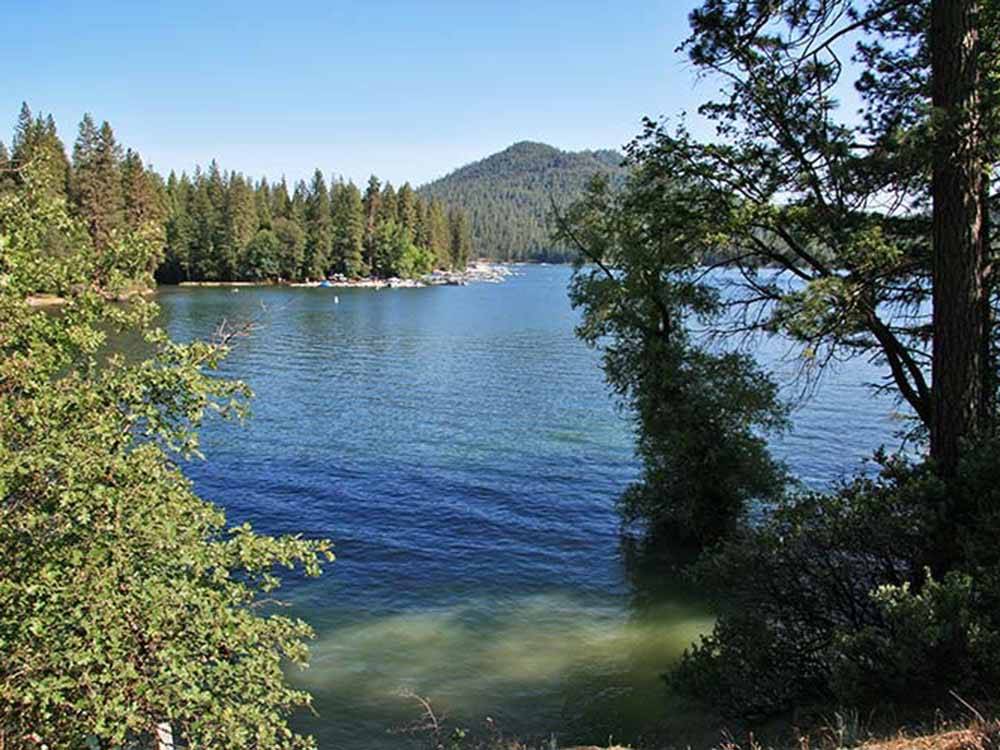 A blue lake surrounded by trees at HIGH SIERRA RV & MOBILE PARK