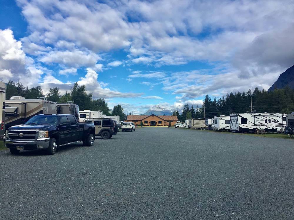Long road leading to campground building at HAINES HITCH-UP RV PARK