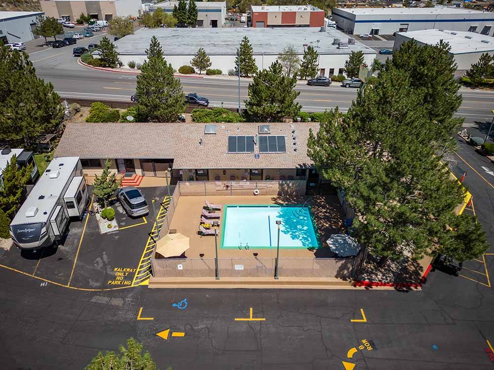 An aerial view of the swimming pool at SHAMROCK RV PARK