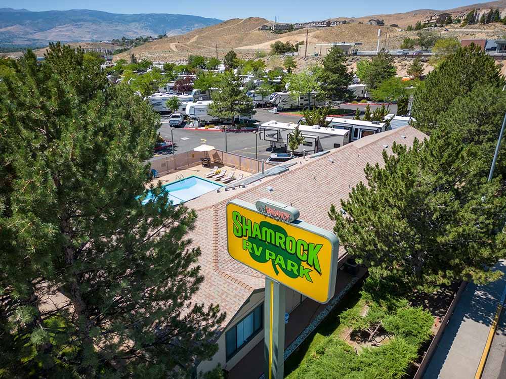 An aerial view of the front sign at SHAMROCK RV PARK