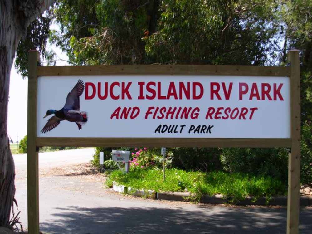 The front entrance sign at DUCK ISLAND RV PARK & FISHING RESORT