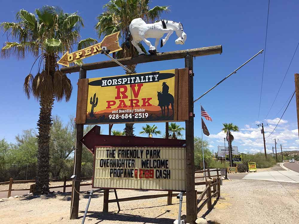 The front entrance sign at HORSPITALITY RV RESORT