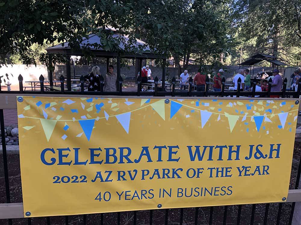 Banner celebrating being named RV Park of the Year at J & H RV PARK