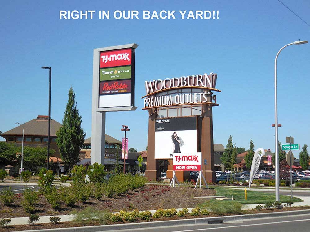 Sign at entrance to the Outlet Mall at PORTLAND WOODBURN RV PARK