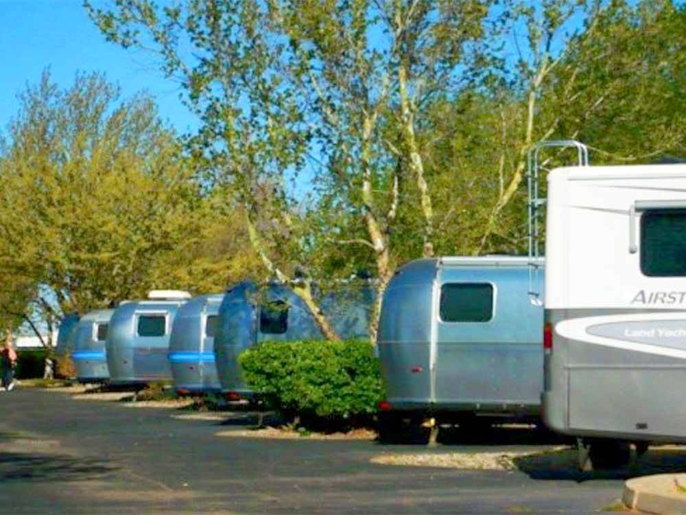 A row of RVs in sites at AMERICAN RV RESORT