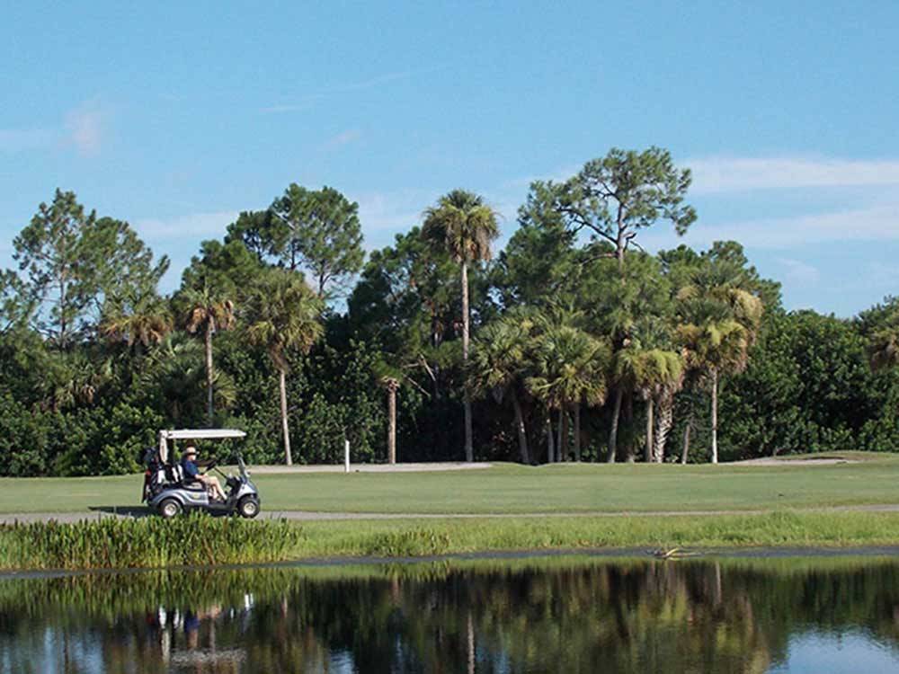 A golf cart on the golf course at THE GREAT OUTDOORS RV NATURE & GOLF RESORT