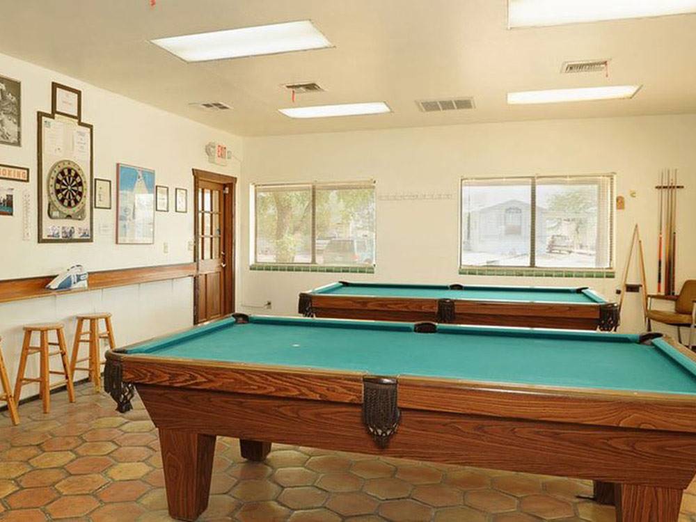 Pool tables in game room at MISSION VIEW RV RESORT