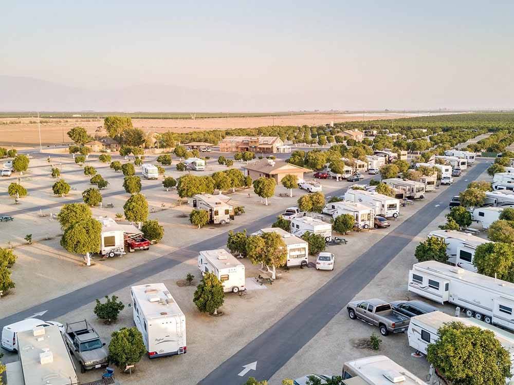 An aerial view of the pull thru campsites at ORANGE GROVE RV PARK