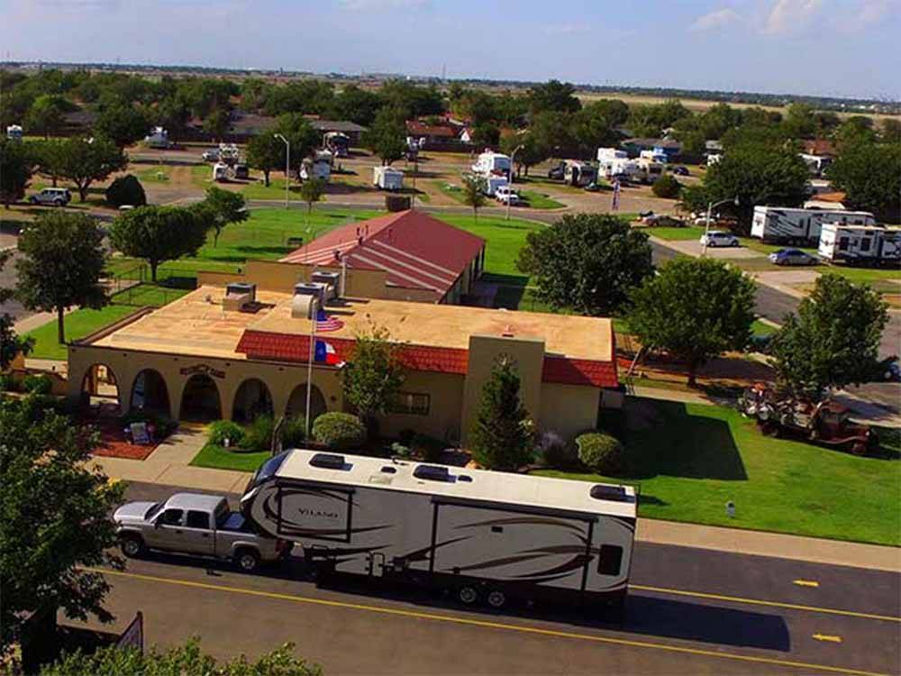 An overhead view of the main building at BIG TEXAN RV RANCH