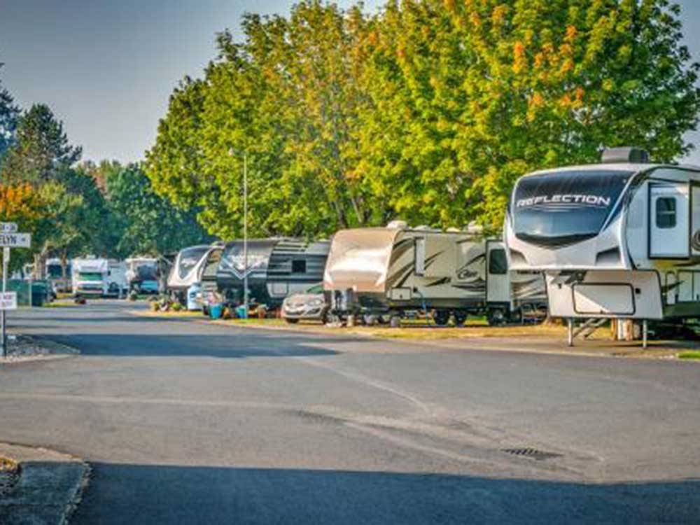 A line of RVs parked at BROOKHOLLOW RV PARK