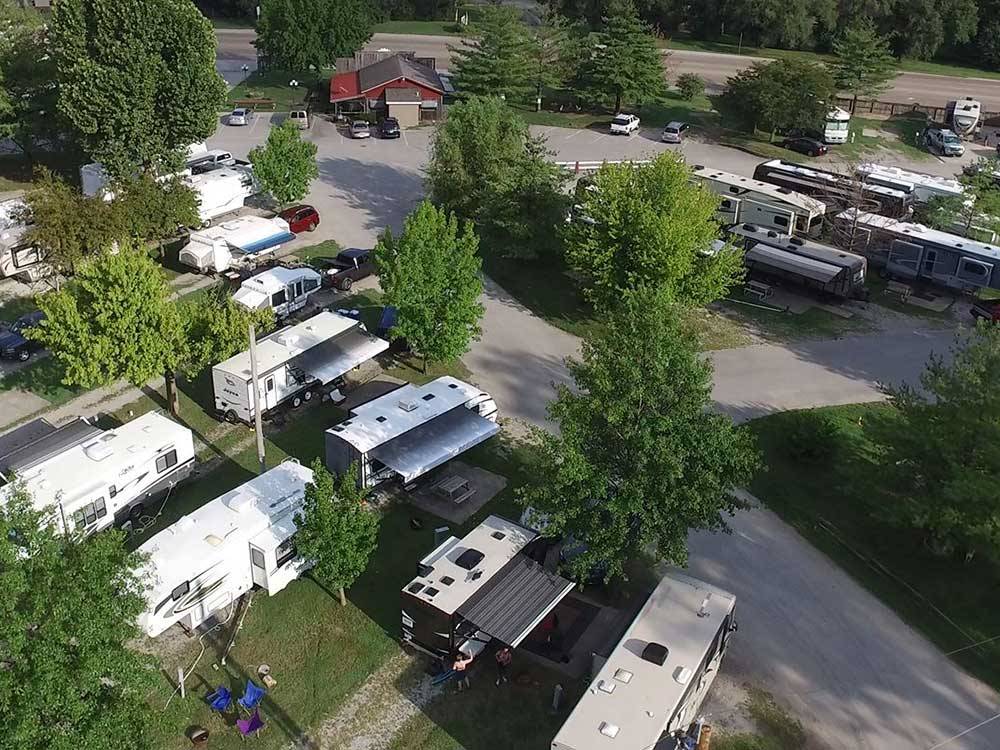 Aerial view of multiple RVs and red barn at CAHOKIA RV PARQUE