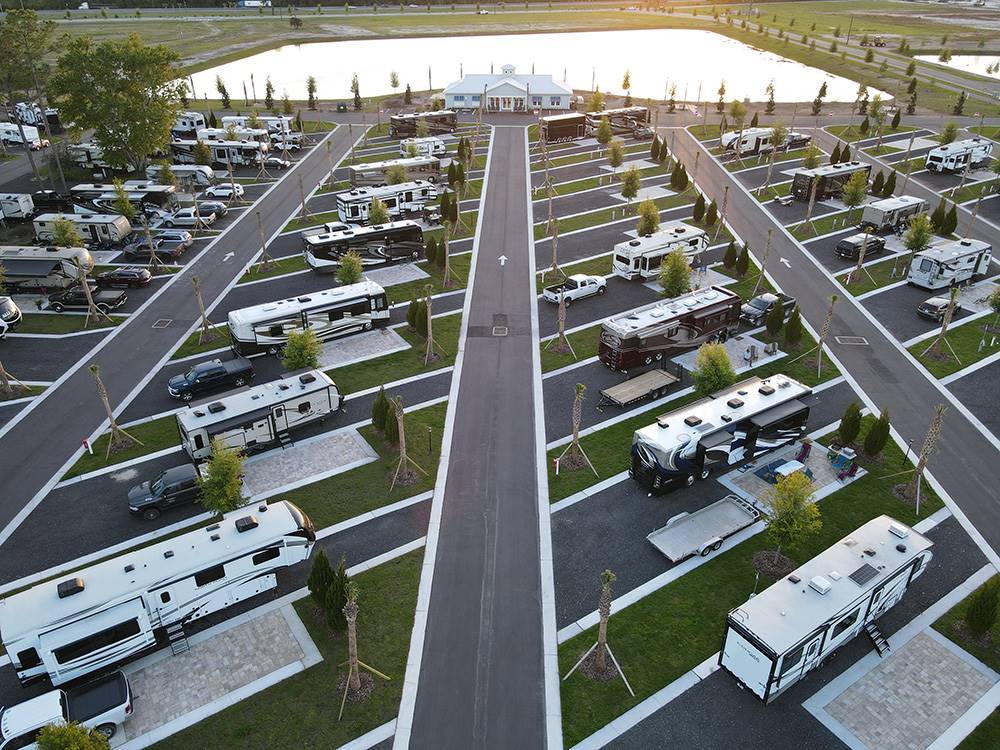 Aerial view of rows of neat RV sites at ST AUGUSTINE RV RESORT