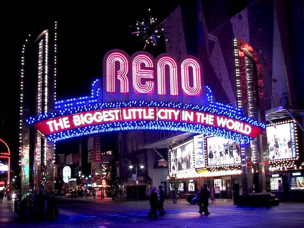 Reno sign lit up a night at KEYSTONE RV PARK