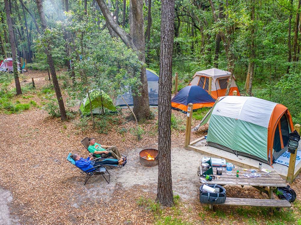 Aerial shot of tent campers in forest at THE CAMPGROUND AT JAMES ISLAND COUNTY PARK