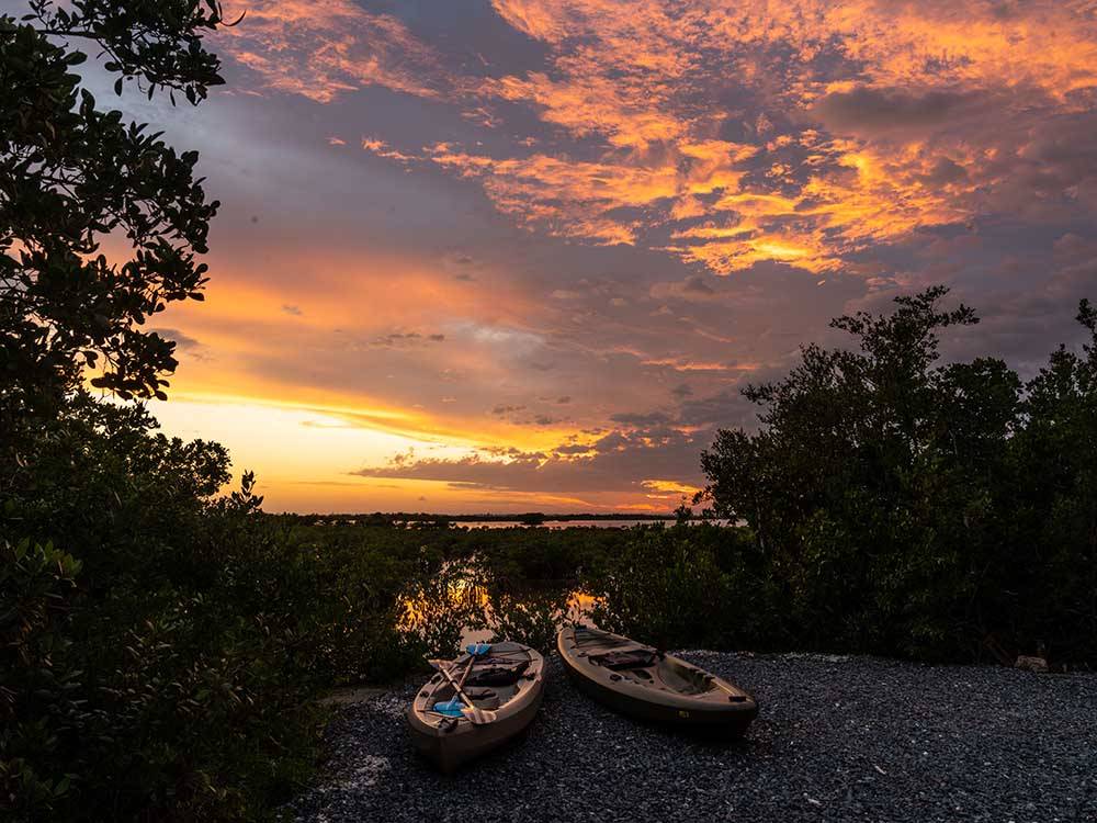Two kayaks next to the water at sunset at SUN OUTDOORS SUGARLOAF KEY