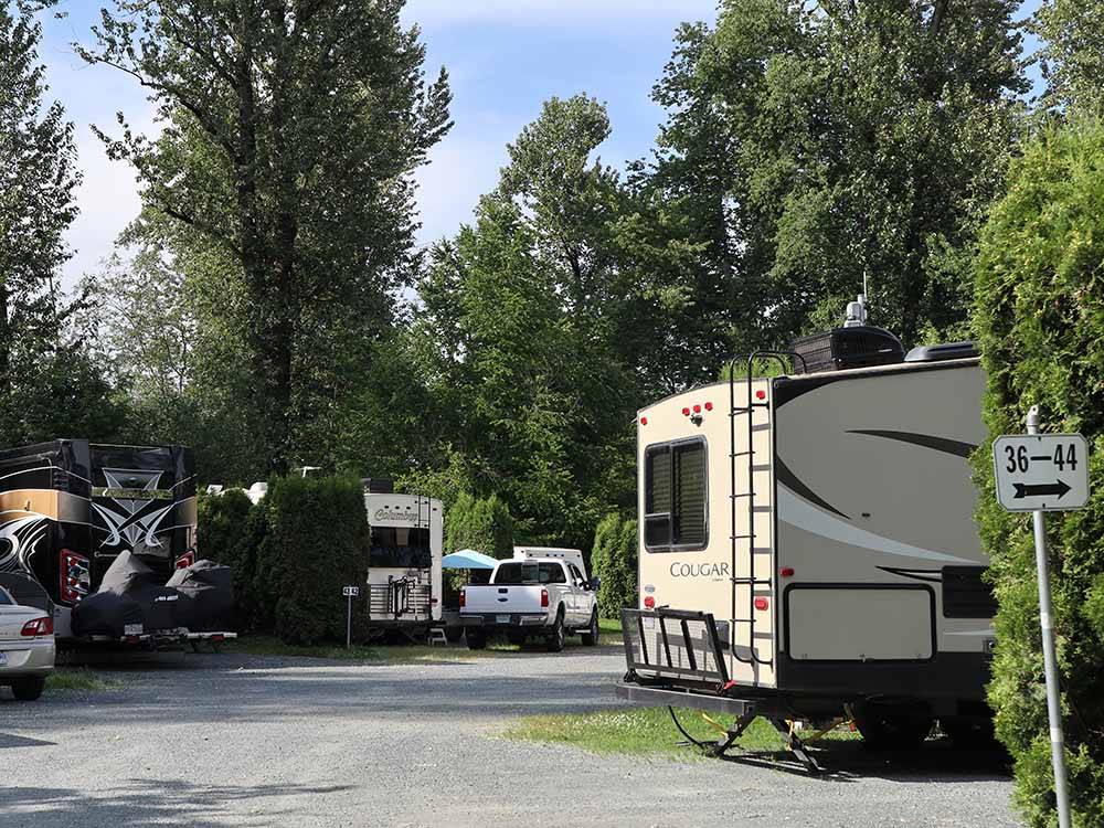 A row of RV sites surrounded by trees at COTTONWOOD MEADOWS RV COUNTRY CLUB