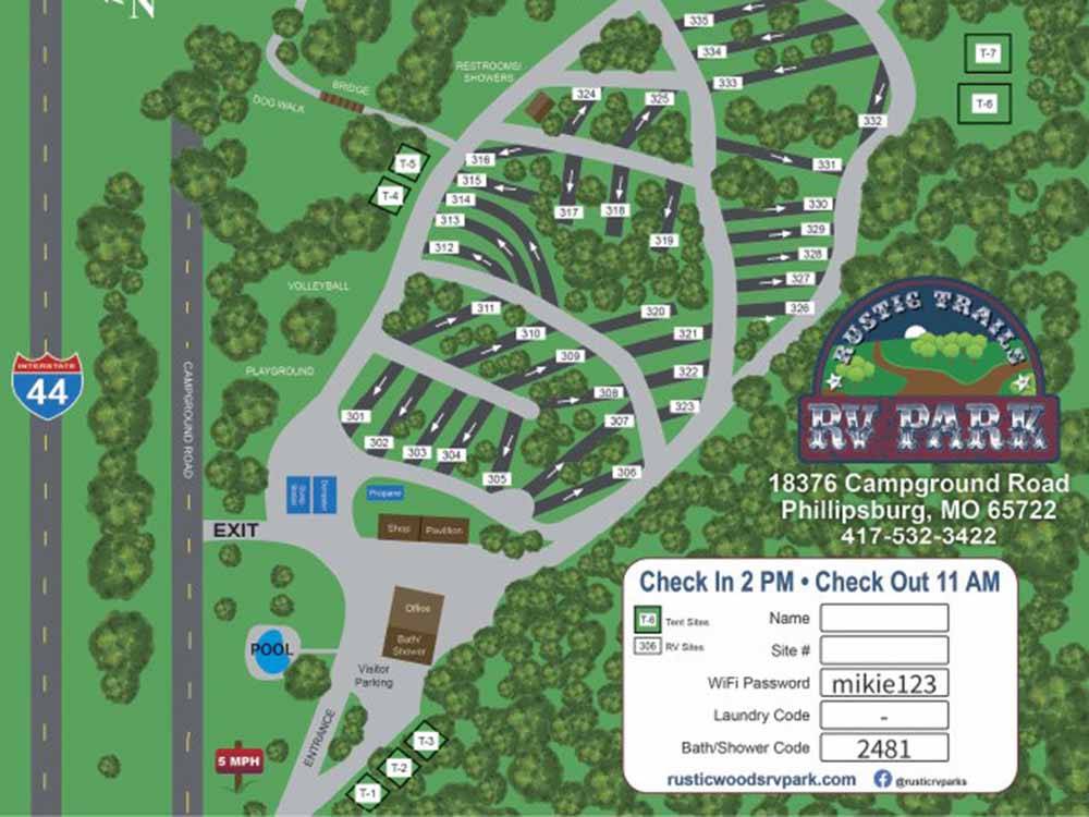 A view of the park map at RUSTIC TRAILS RV PARK