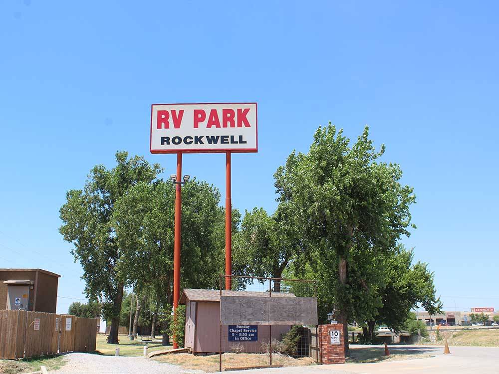 The front entrance sign at ROCKWELL RV PARK